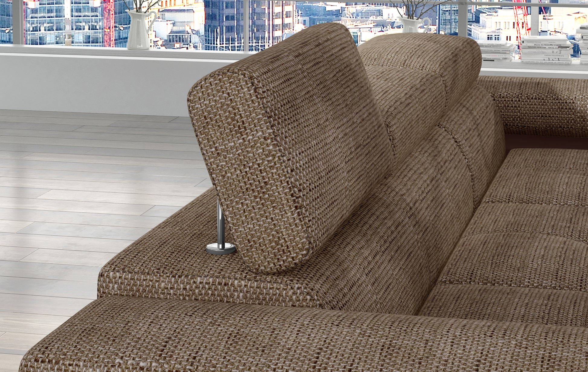 Regulowany zagłówek narożnika Armando w tkaninie Berlin 03 ciemnobeżowy – widok mechanizmu i struktury materiału.