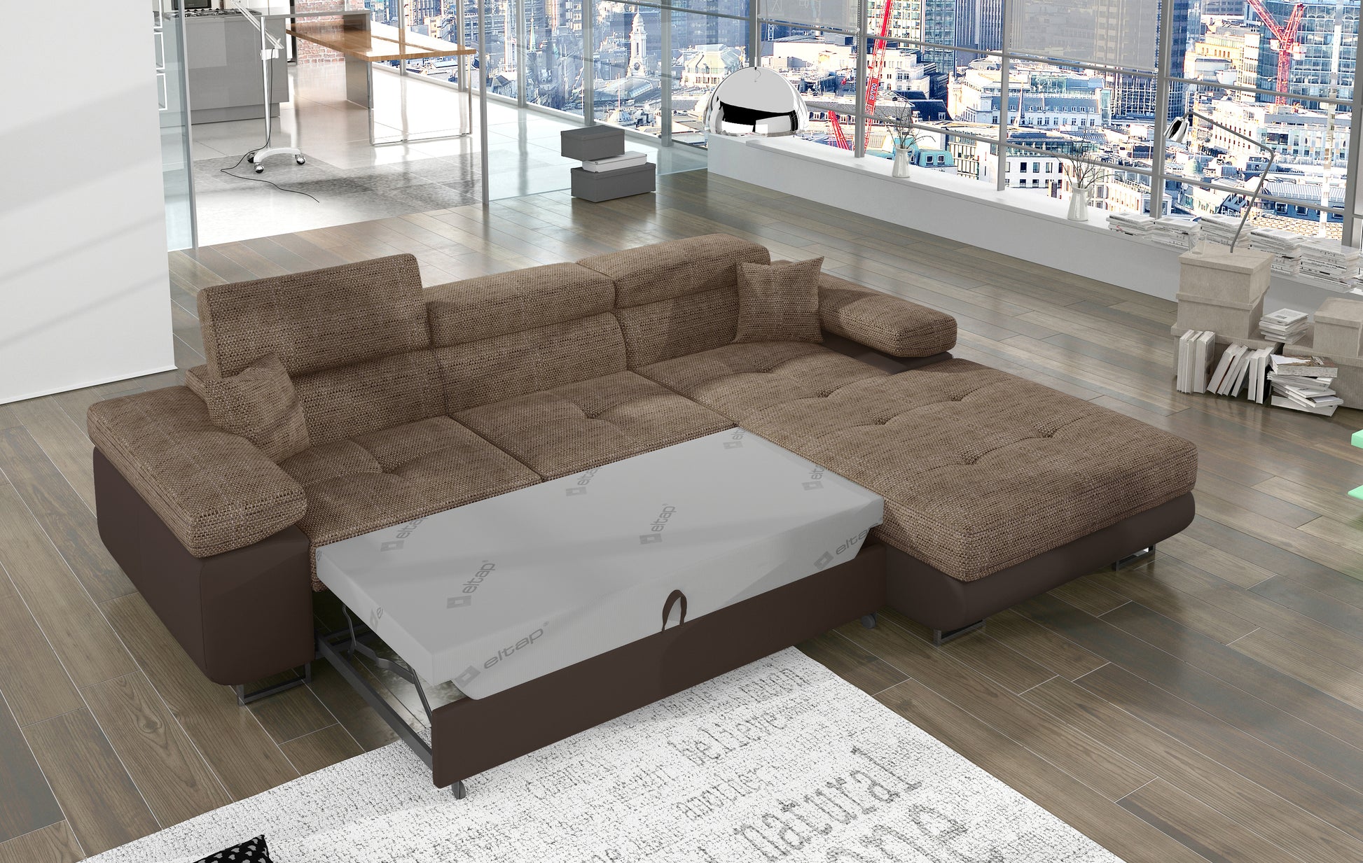 Narożnik Armando prawy rozłożony do funkcji spania, tkanina Berlin 03 ciemnobeżowy i podstawa Soft 66 brązowy.