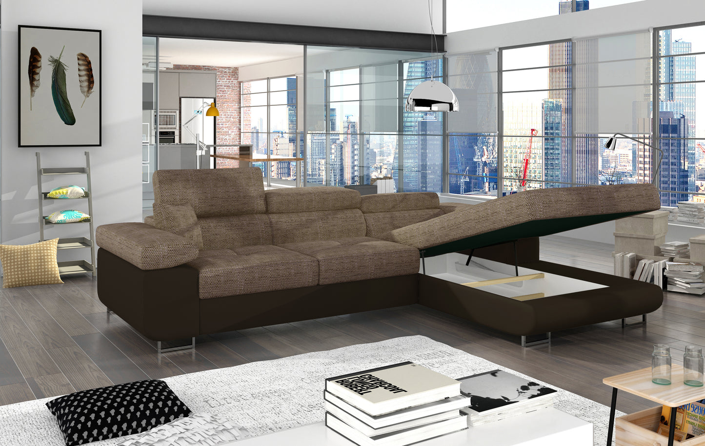 Narożnik Armando Berlin 03 ciemnobeżowy / Soft 66 brązowy z otwartym pojemnikiem na pościel, prezentacja w przestronnym wnętrzu.