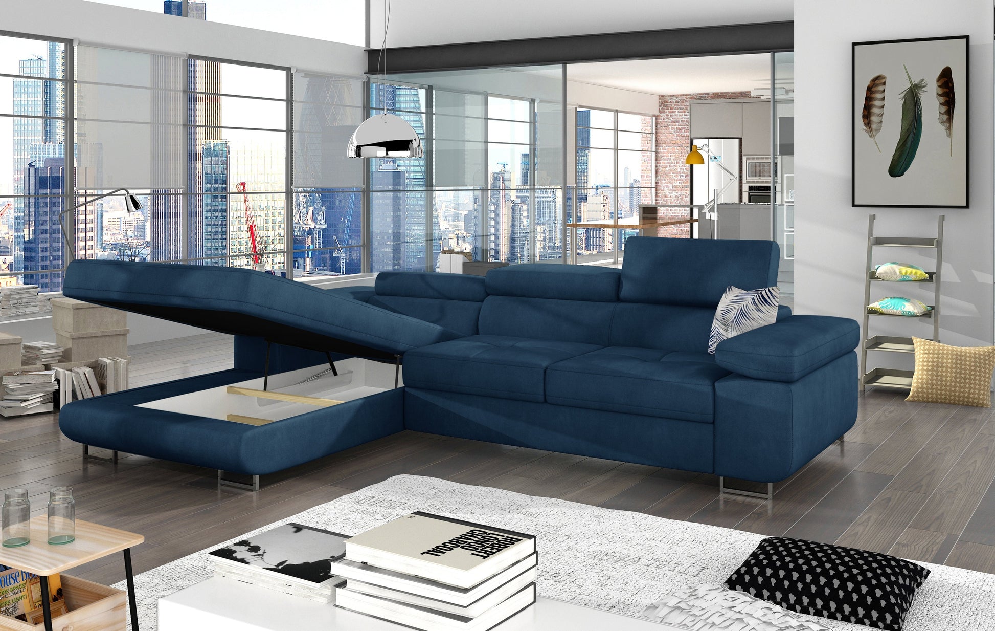 Narożnik Armando w tkaninie Kronos 09 granatowy – otwarty pojemnik na pościel, poduszki Botanical 80, ujęcie boczne.