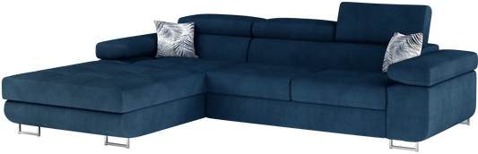 Narożnik Armando lewy w tkaninie Kronos 09 granatowy z poduszkami Botanical 80 – pełny widok sofy na neutralnym tle.