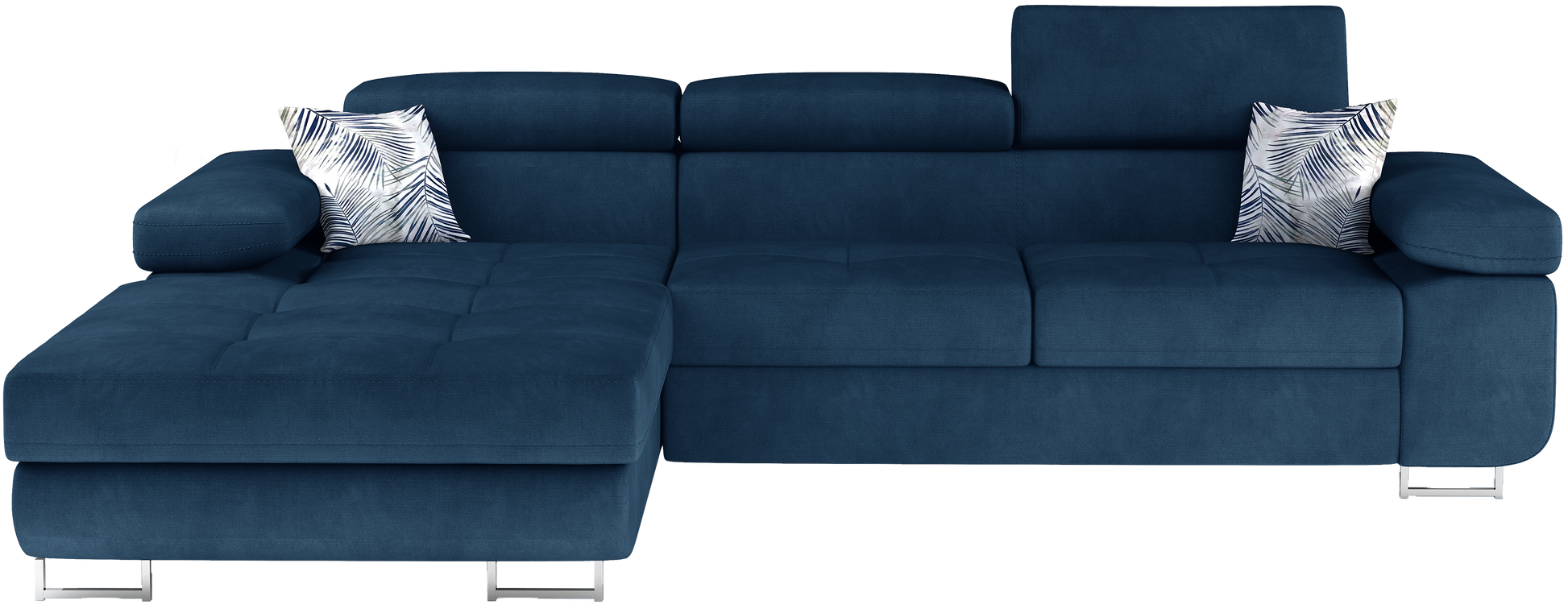 Frontalny widok narożnika Armando w tkaninie Kronos 09 granatowy z ozdobnymi poduszkami Botanical 80, układ lewy.