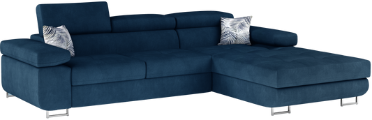 Narożnik Armando prawy w tkaninie Kronos 09 granatowy z dekoracyjnymi poduszkami Botanical 80 – ujęcie produktowe na neutralnym tle, pełny widok sofy.