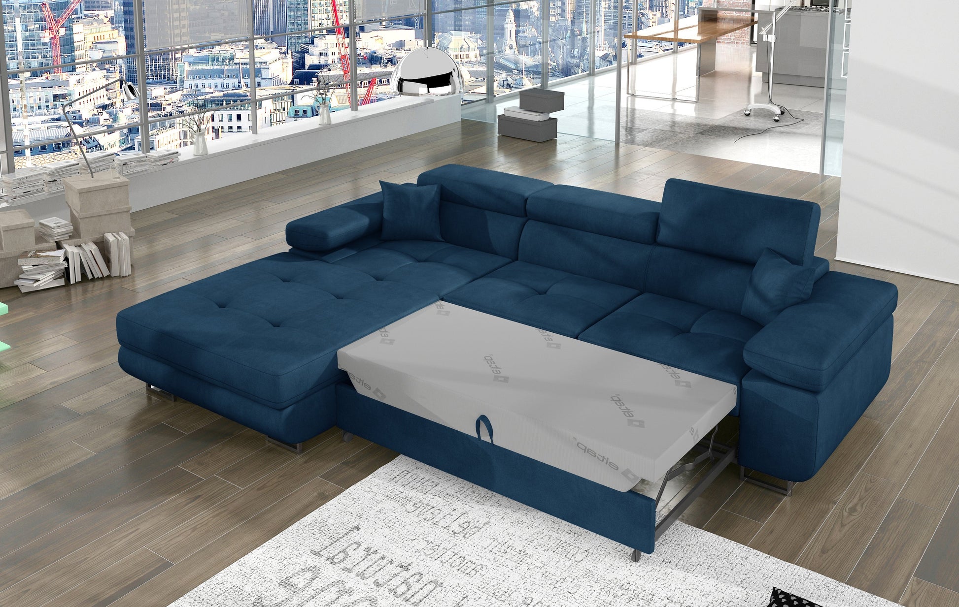 Narożnik Armando Kronos 09 granatowy – prezentacja funkcji spania z wysuniętym mechanizmem, ujęcie z góry.