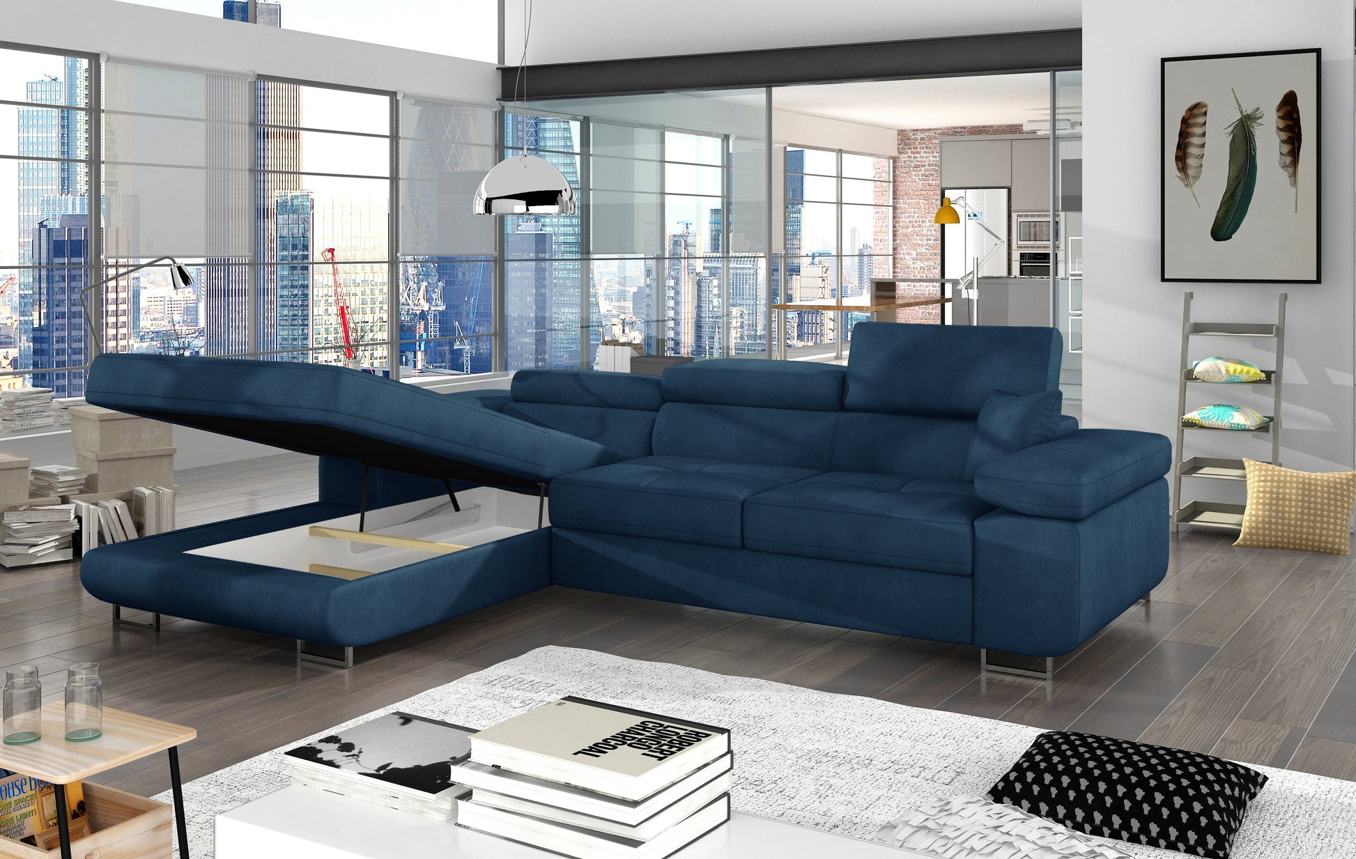 Narożnik Armando w tkaninie Kronos 09 granatowy – otwarty pojemnik na pościel, ujęcie boczne pokazujące wnętrze schowka.