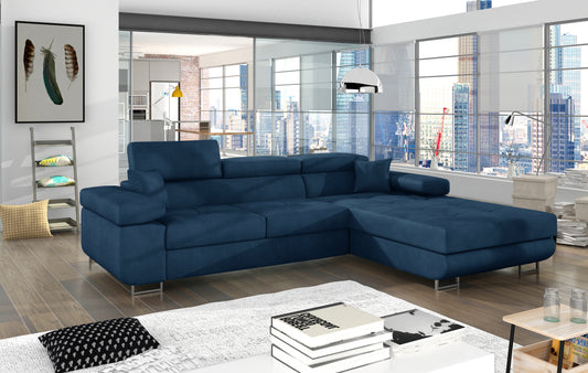 Narożnik Armando Kronos 09 granatowy w układzie prawym – aranżacja w nowoczesnym salonie, widok z przodu i boku.
