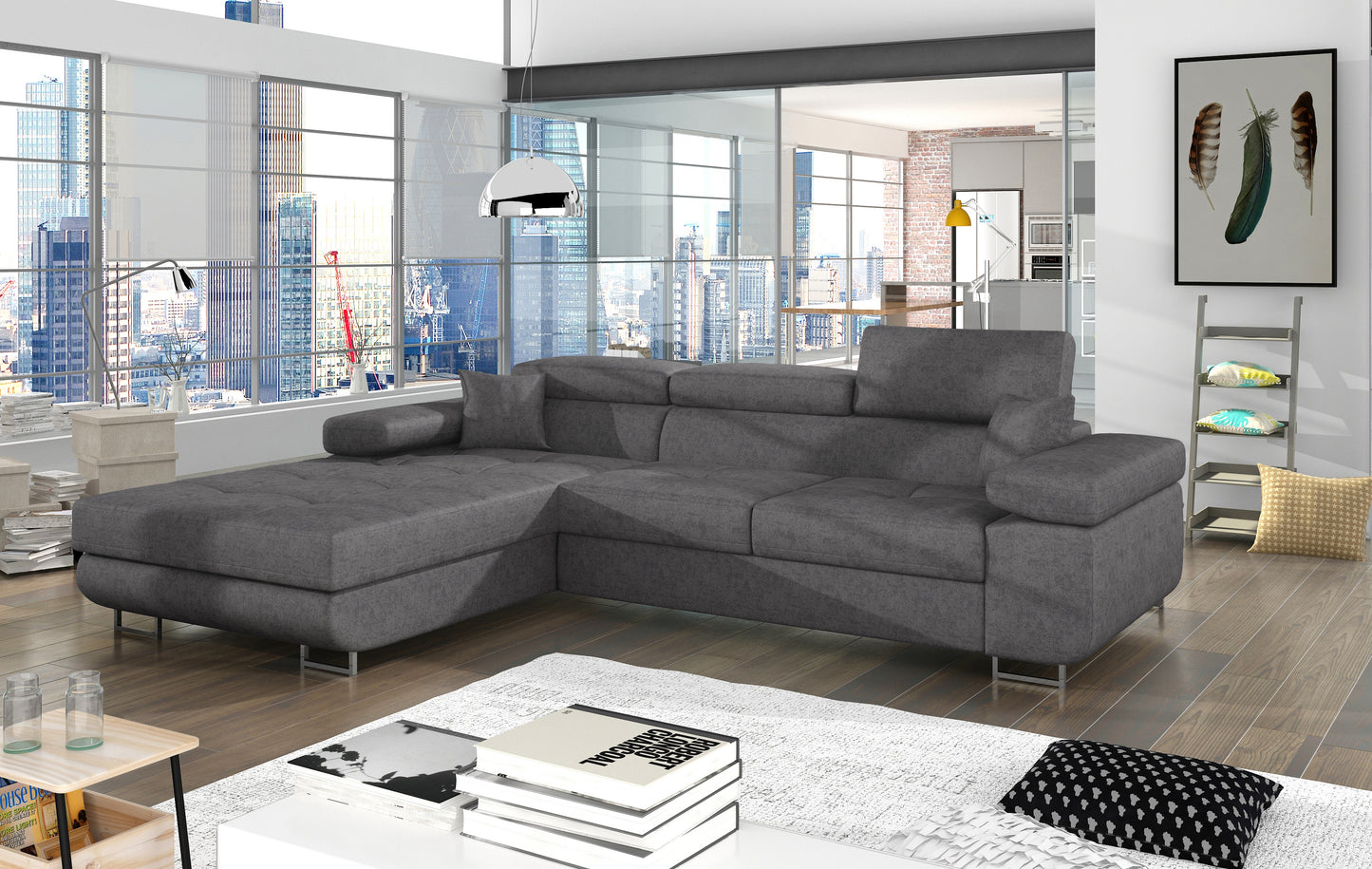Narożnik Armando Gusto 88 szary w układzie lewym – aranżacja w nowoczesnym salonie, widok z przodu i boku.