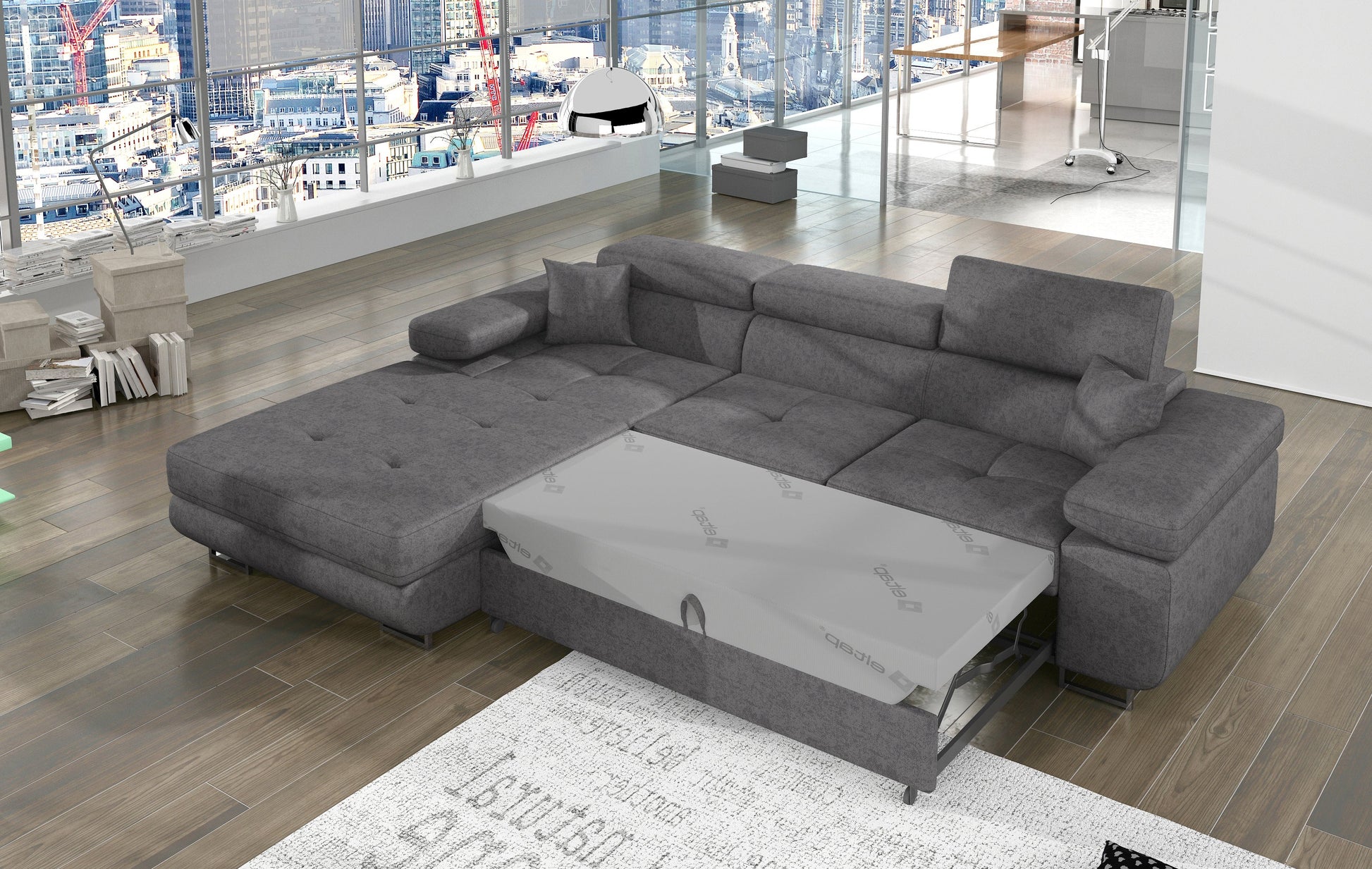 Narożnik Armando Gusto 88 szary – prezentacja funkcji spania z wysuniętym mechanizmem, ujęcie z góry.