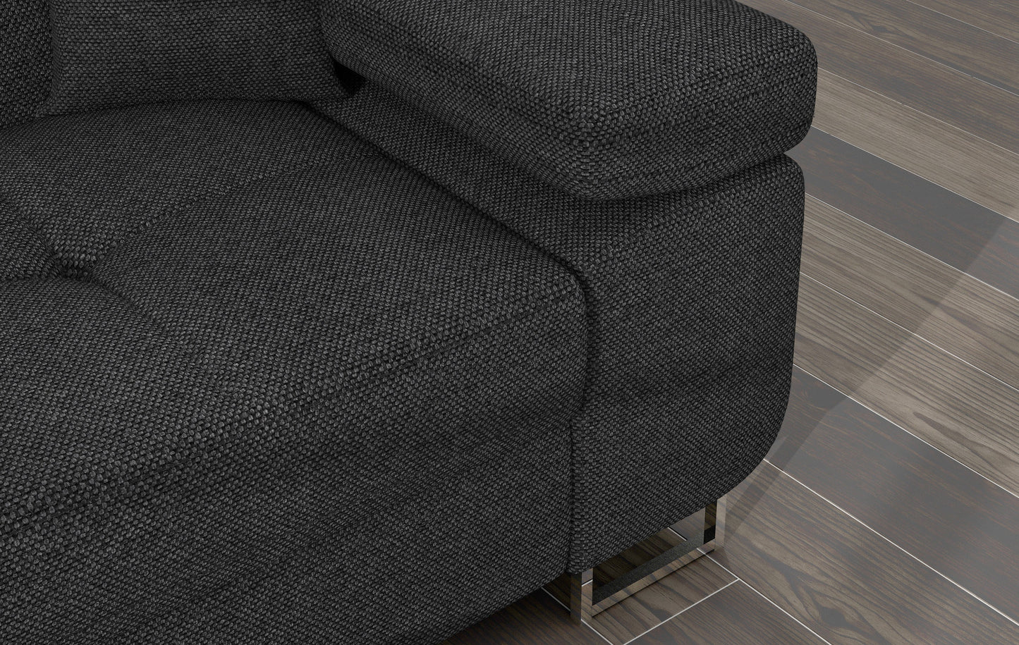 Zbliżenie na podłokietnik narożnika Armando w tkaninie Inari 96 ciemnoszary – prezentacja przeszyć i faktury tapicerki.