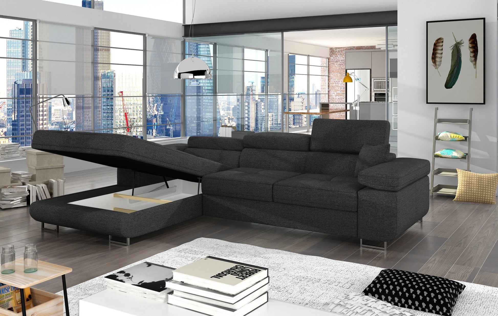 Narożnik Armando w tkaninie Inari 96 ciemnoszary – otwarty pojemnik na pościel, ujęcie boczne pokazujące wnętrze schowka.