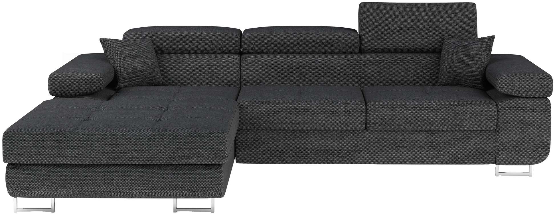 Frontalny widok narożnika Armando w tkaninie Inari 96 ciemnoszary, układ lewy, prezentacja całej bryły mebla.