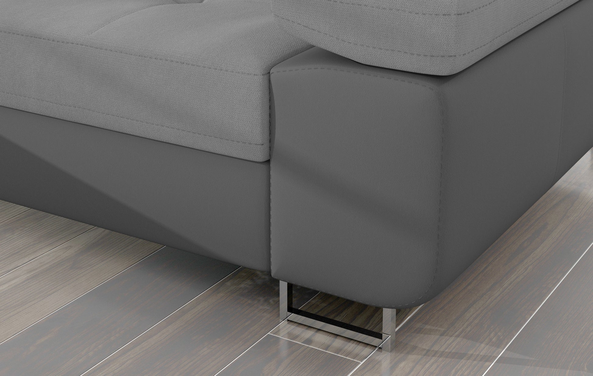 Detal narożnika Armando: jasnoszara tkanina Soro 83, szara podstawa Soft 29 i poduszka Jungle 32 – widok narożnika z metalową nogą.