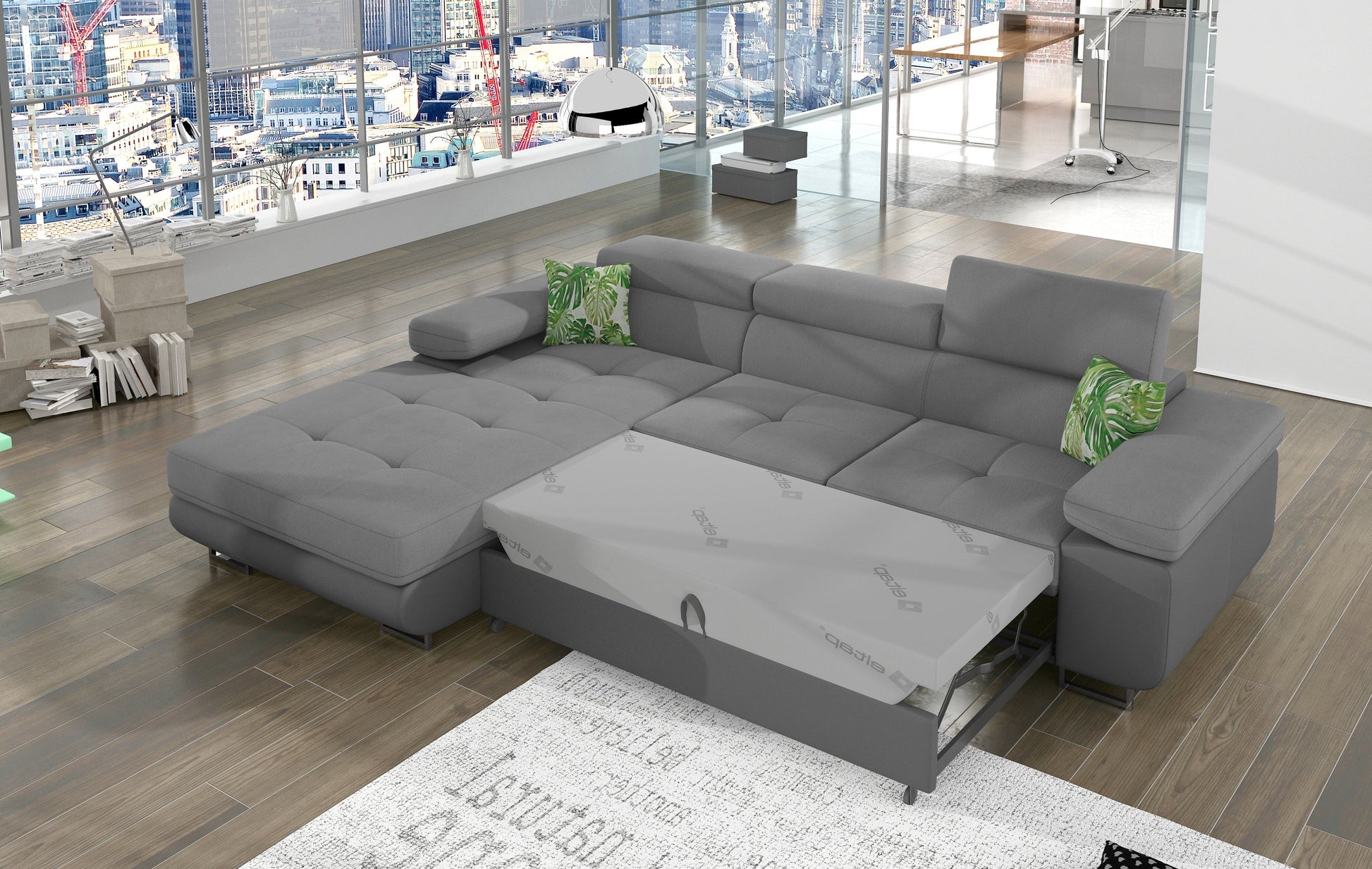 Narożnik Armando Soro 83 jasnoszary / Soft 29 z poduszkami Jungle 32 – prezentacja funkcji spania z wysuniętym mechanizmem, ujęcie z góry.