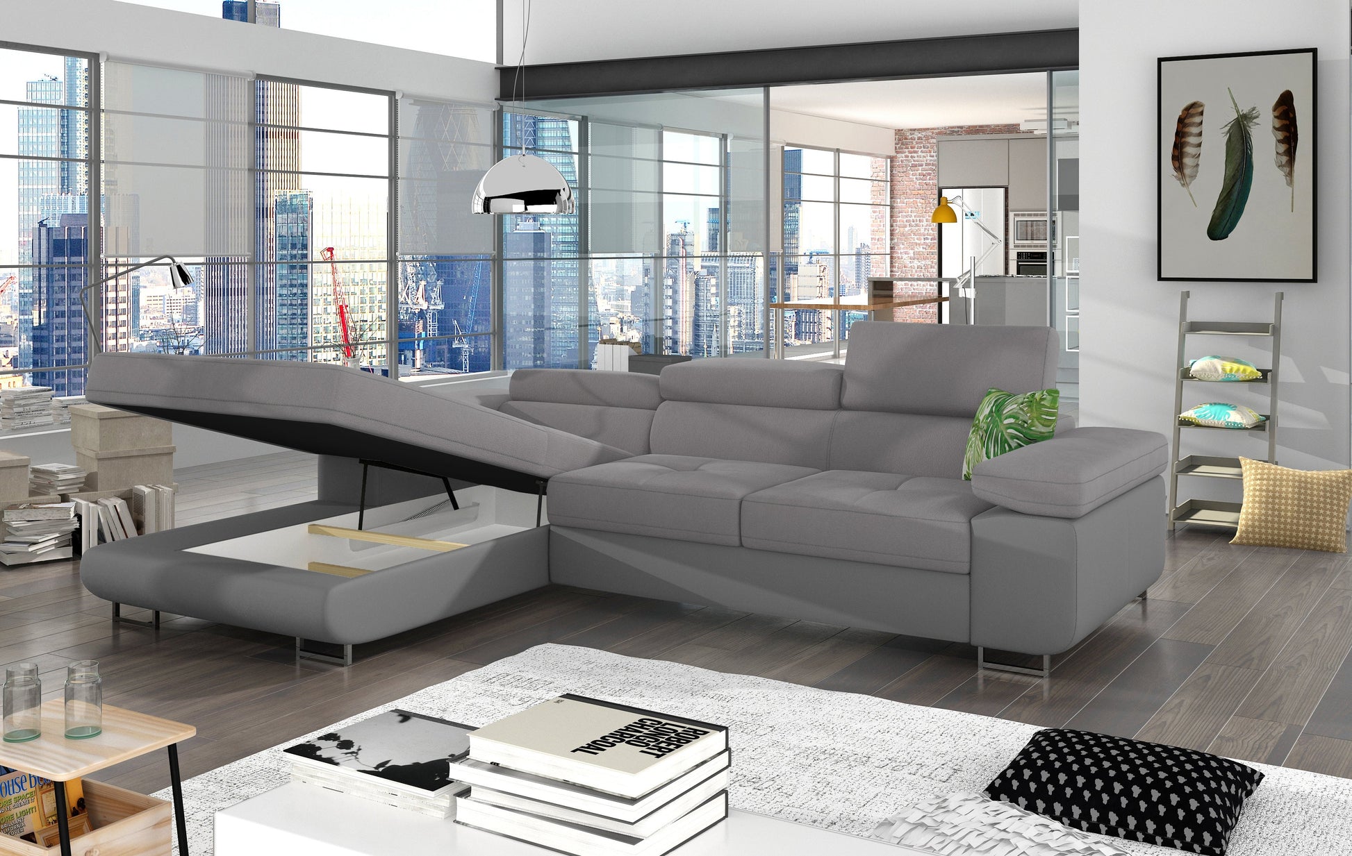 Narożnik Armando w tkaninie Soro 83 jasnoszary i Soft 29 z poduszkami Jungle 32 – otwarty pojemnik na pościel, ujęcie boczne.