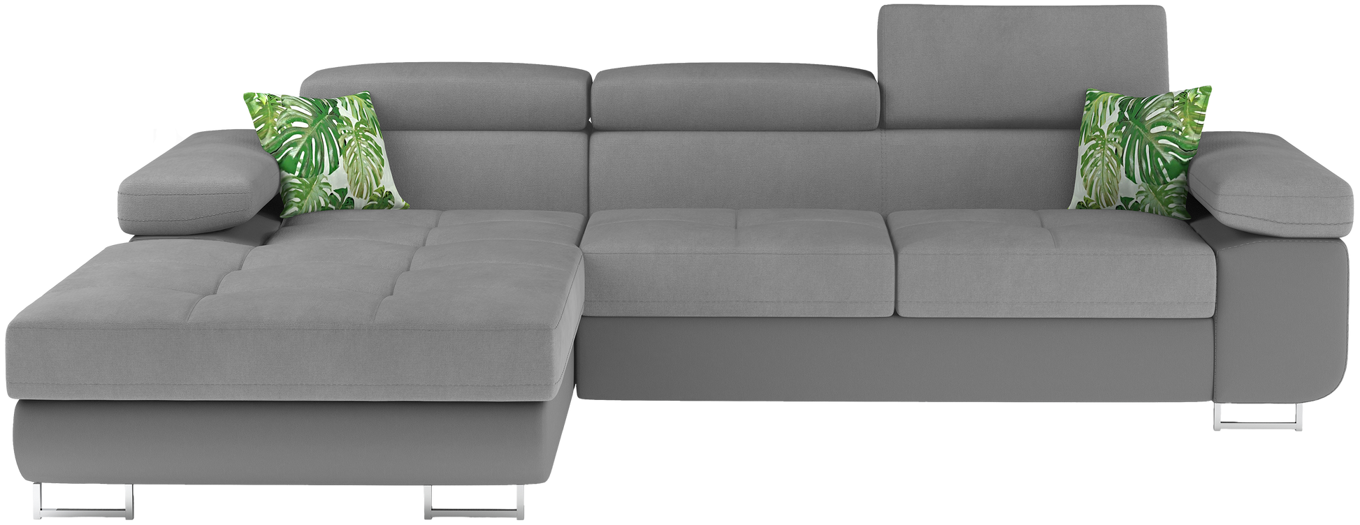 Frontalny widok narożnika Armando w tkaninie Soro 83 jasnoszary i Soft 29 z ozdobnymi poduszkami Jungle 32, układ lewy