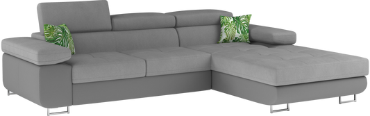 Narożnik Armando prawy w tkaninie Soro 83 jasnoszary i ekoskórze Soft 29 z dekoracyjnymi poduszkami Jungle 32 – ujęcie produktowe na neutralnym tle.