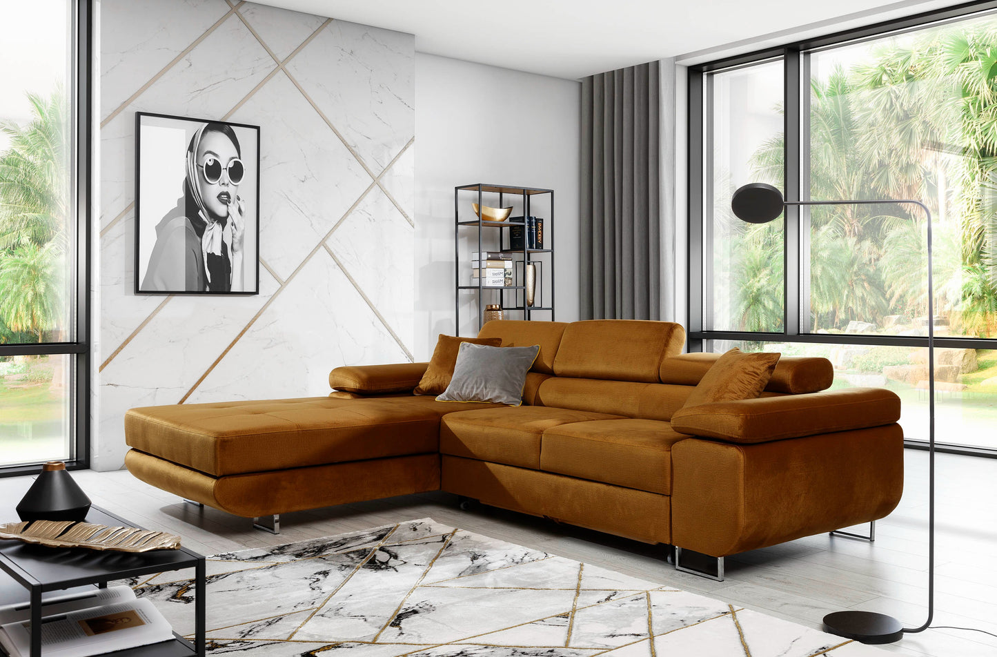 Narożnik Armando Monolith 48 żółty w układzie lewym – aranżacja w nowoczesnym salonie, widok z przodu i boku.