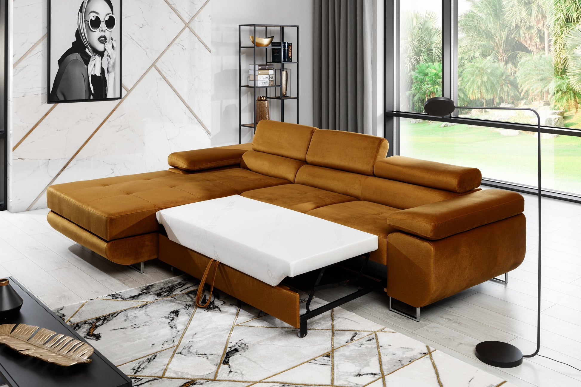 Narożnik Armando Monolith 48 żółty – prezentacja funkcji spania z wysuniętym mechanizmem, ujęcie z góry.