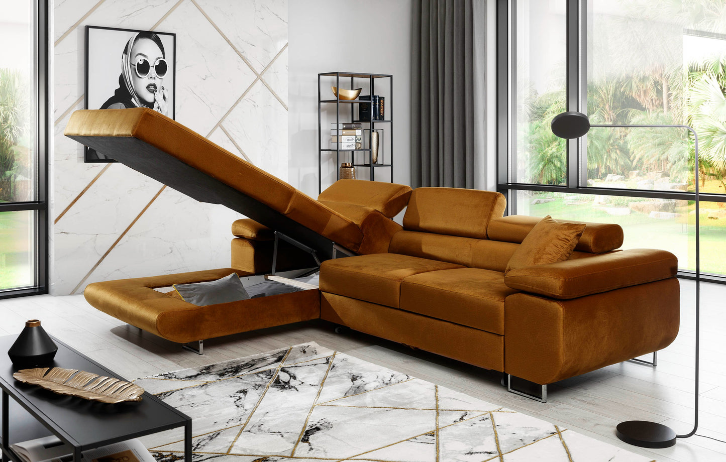 Narożnik Armando w tkaninie Monolith 48 żółty – otwarty pojemnik na pościel, ujęcie boczne pokazujące wnętrze schowka.