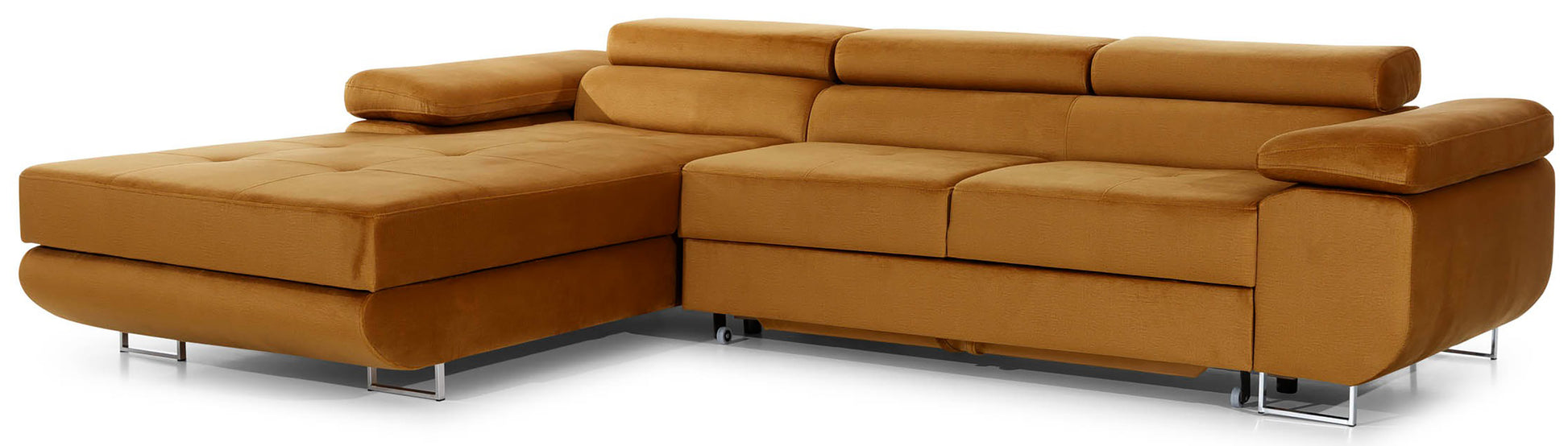 Narożnik Armando lewy w tkaninie Monolith 48 żółty – pełny widok sofy na neutralnym tle.