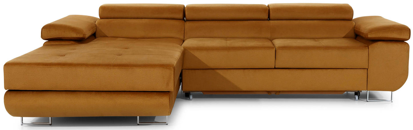 Frontalny widok narożnika Armando w tkaninie Monolith 48 żółty, układ lewy, prezentacja całej bryły mebla.