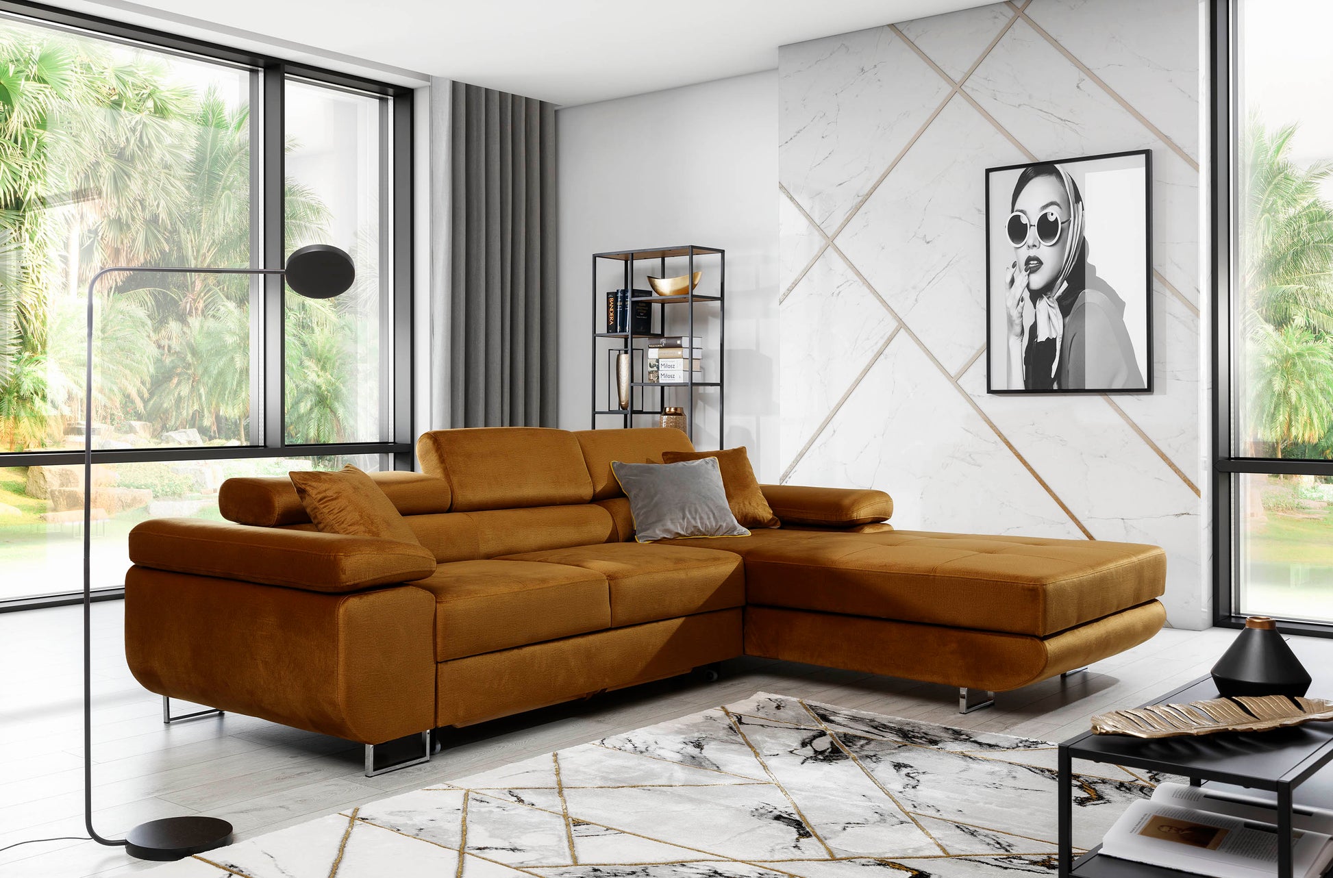 Narożnik Armando Monolith 48 żółty w układzie prawym – aranżacja w nowoczesnym salonie, widok z przodu i boku.