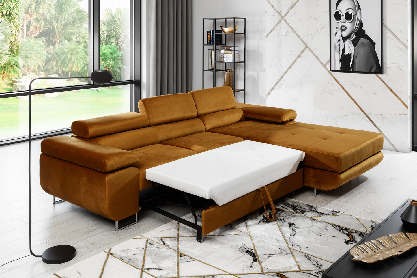 Narożnik Armando Monolith 48 żółty – prezentacja funkcji spania z wysuniętym mechanizmem, ujęcie z góry.