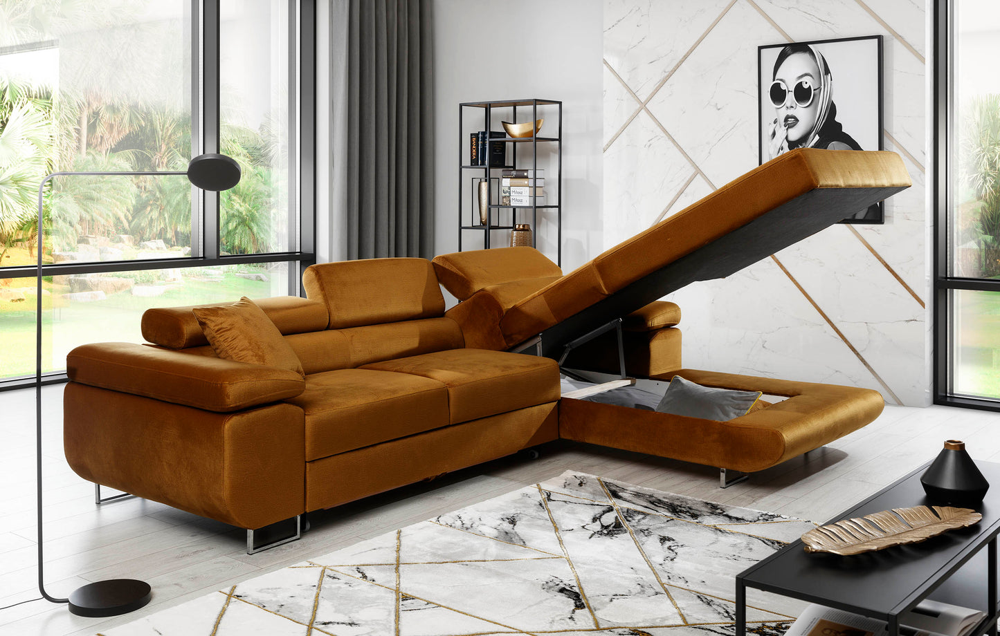 Narożnik Armando w tkaninie Monolith 48 żółty – otwarty pojemnik na pościel, ujęcie boczne pokazujące wnętrze schowka.