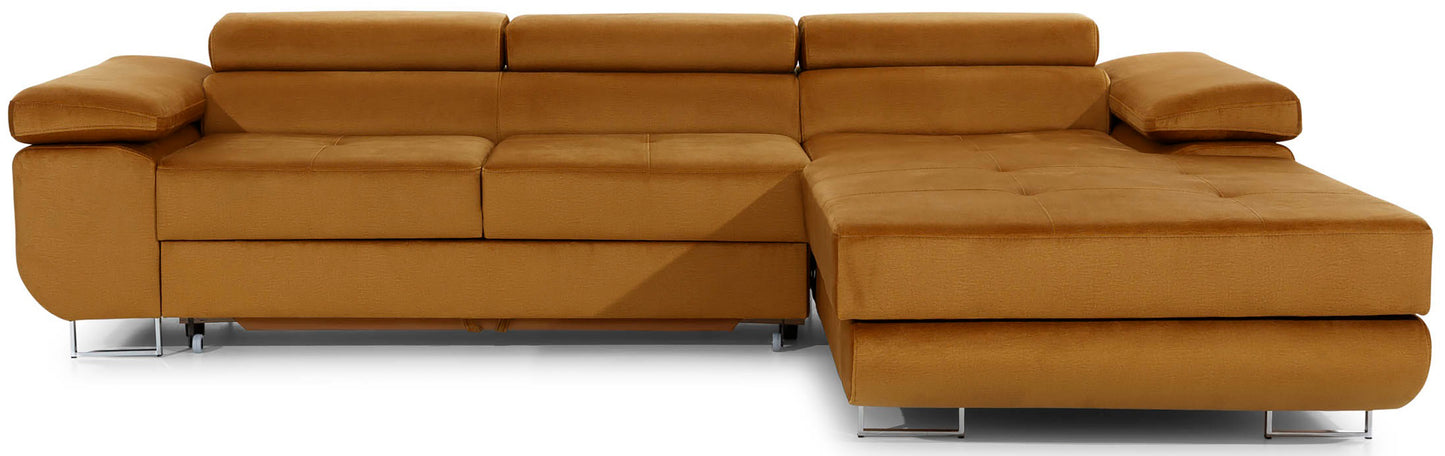 Frontalny widok narożnika Armando w tkaninie Monolith 48 żółty, układ prawy, prezentacja całej bryły mebla.