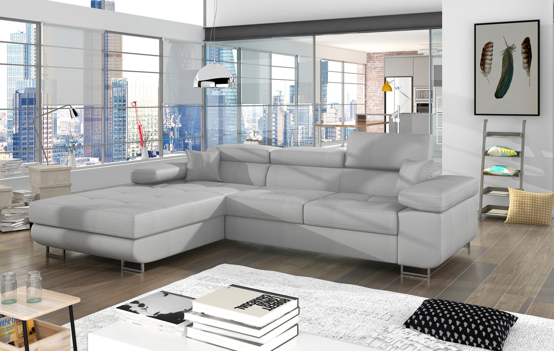 Narożnik Armando Monolith 84 jasnoszary w układzie lewym – aranżacja w nowoczesnym salonie, widok z przodu i boku.