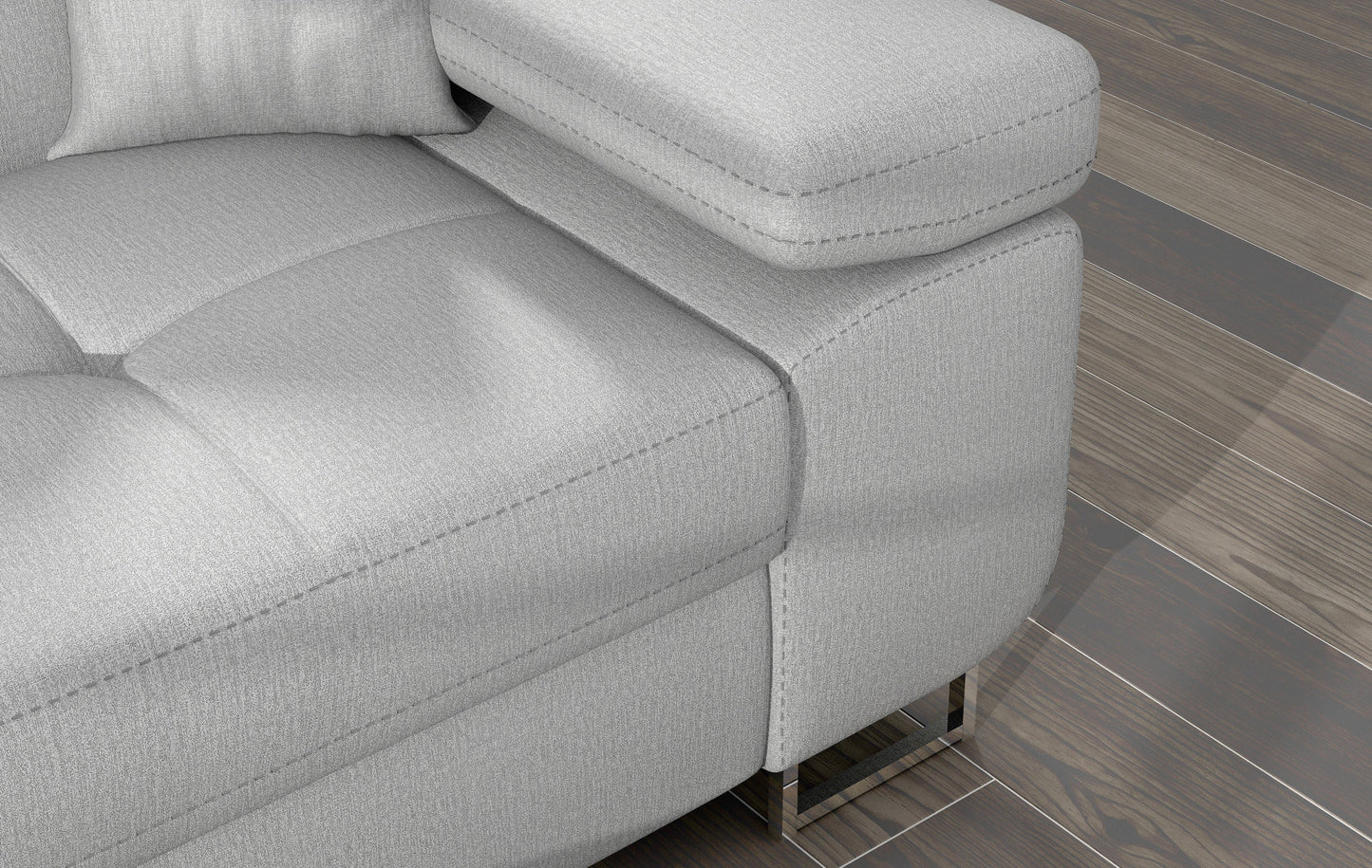 Zbliżenie na podłokietnik narożnika Armando w tkaninie Monolith 84 jasnoszary – prezentacja przeszyć i faktury tapicerki.