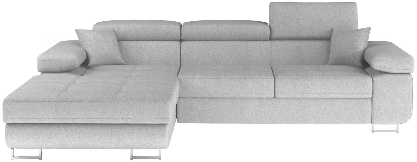 Frontalny widok narożnika Armando w tkaninie Monolith 84 jasnoszary, układ lewy, prezentacja całej bryły mebla.