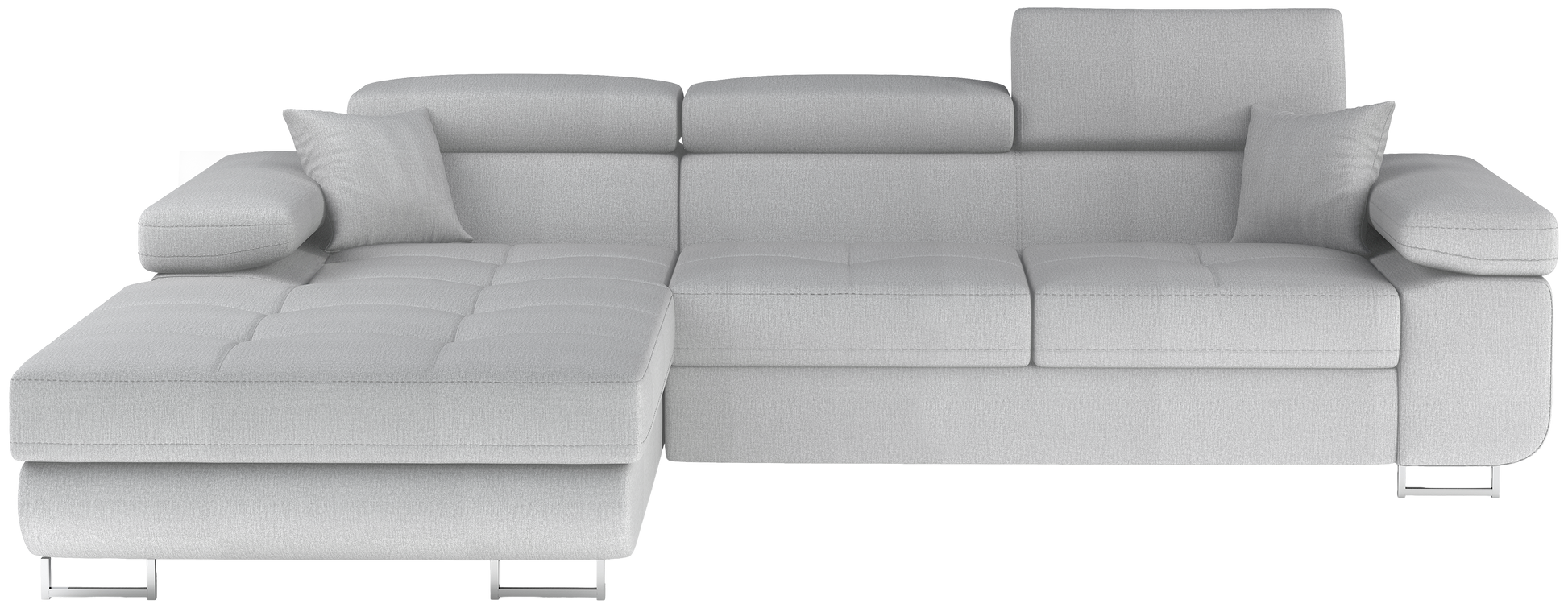 Frontalny widok narożnika Armando w tkaninie Monolith 84 jasnoszary, układ lewy, prezentacja całej bryły mebla.