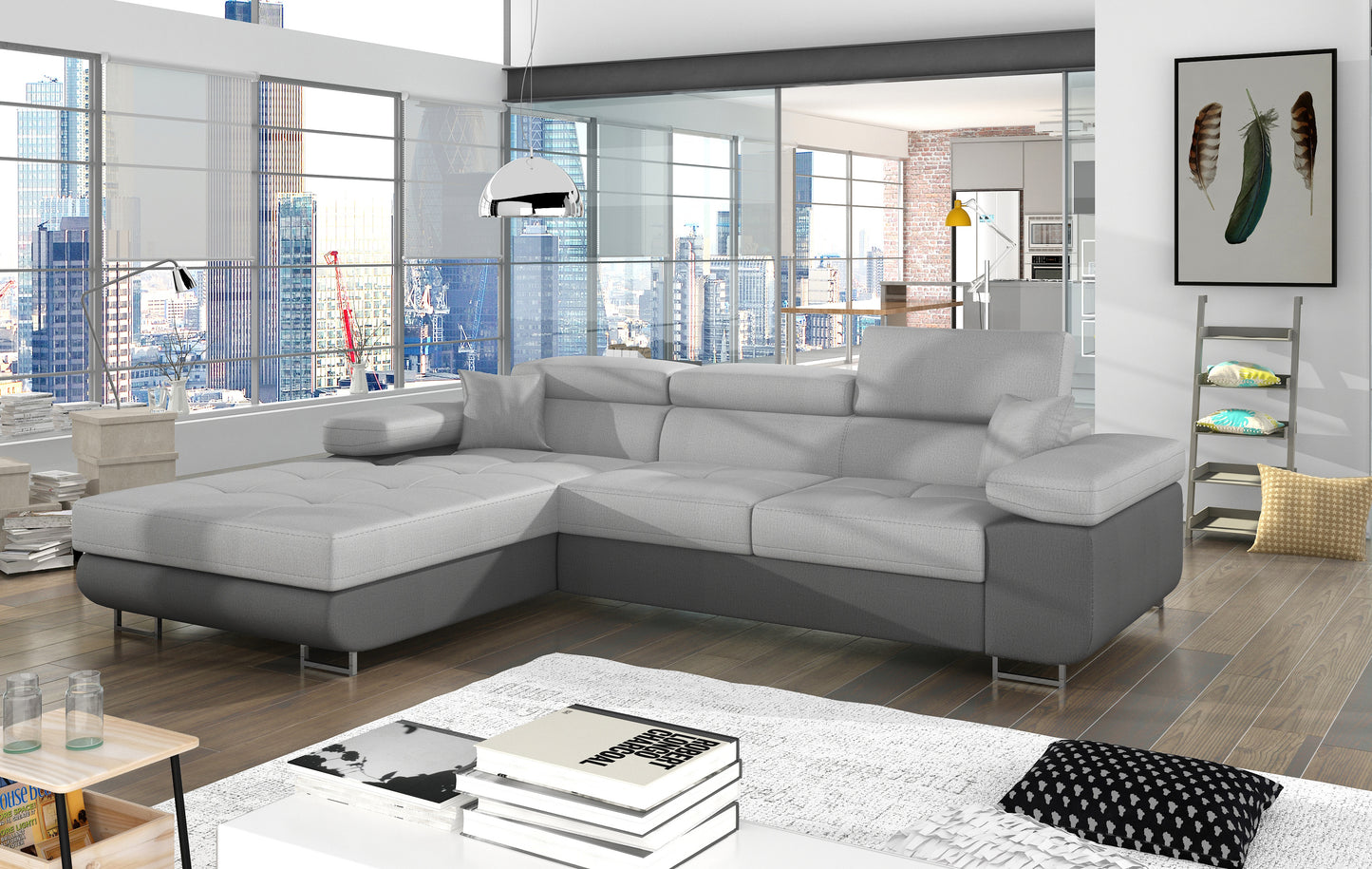 Narożnik Armando Monolith 84 jasnoszary / Monolith 97 ciemnoszary w układzie lewym – aranżacja w nowoczesnym salonie, widok z przodu i boku.