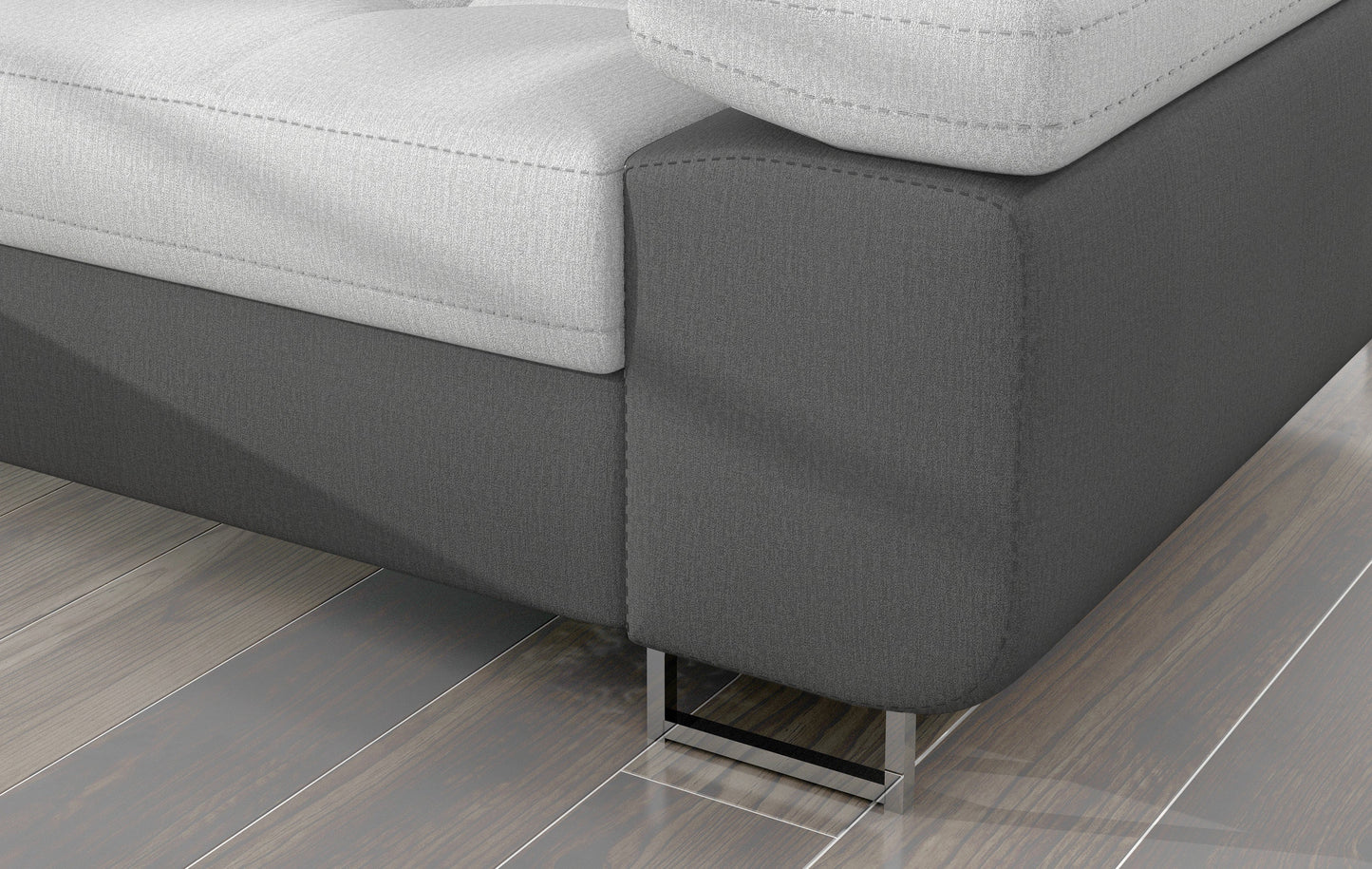 Detal narożnika Armando: zestawienie jasnoszarej tkaniny Monolith 84 z ciemnoszarą Monolith 97 – widok narożnika z metalową nogą.