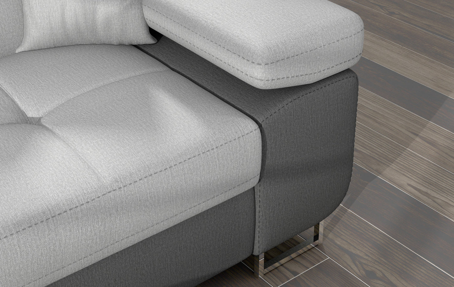 Zbliżenie na podłokietnik narożnika Armando w tkaninach Monolith 84 jasnoszary i Monolith 97 ciemnoszary – prezentacja przeszyć i faktury tapicerki.