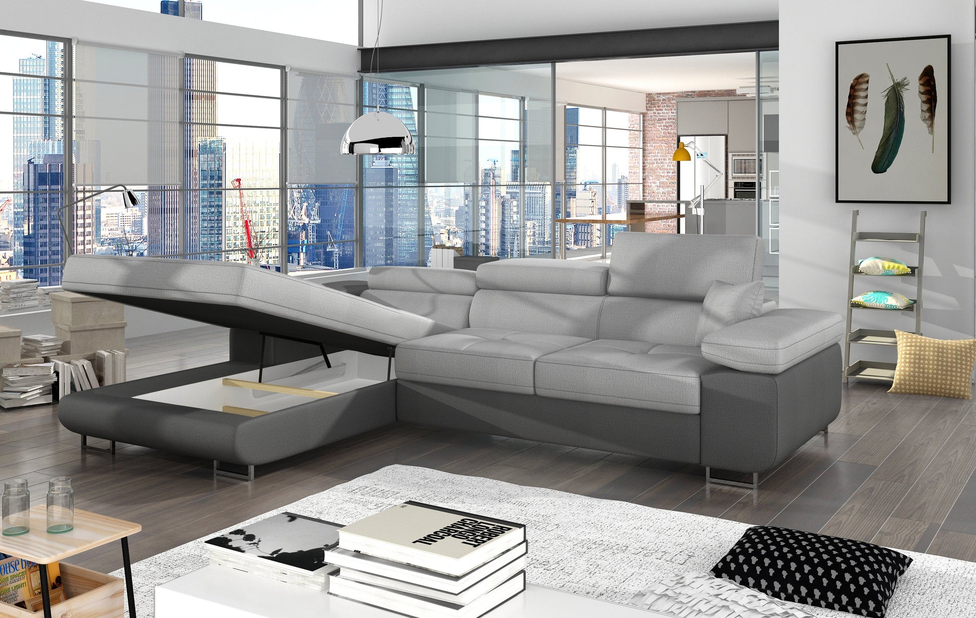 Narożnik Armando w tkaninach Monolith 84 jasnoszary i Monolith 97 ciemnoszary – otwarty pojemnik na pościel, ujęcie boczne pokazujące wnętrze schowka.