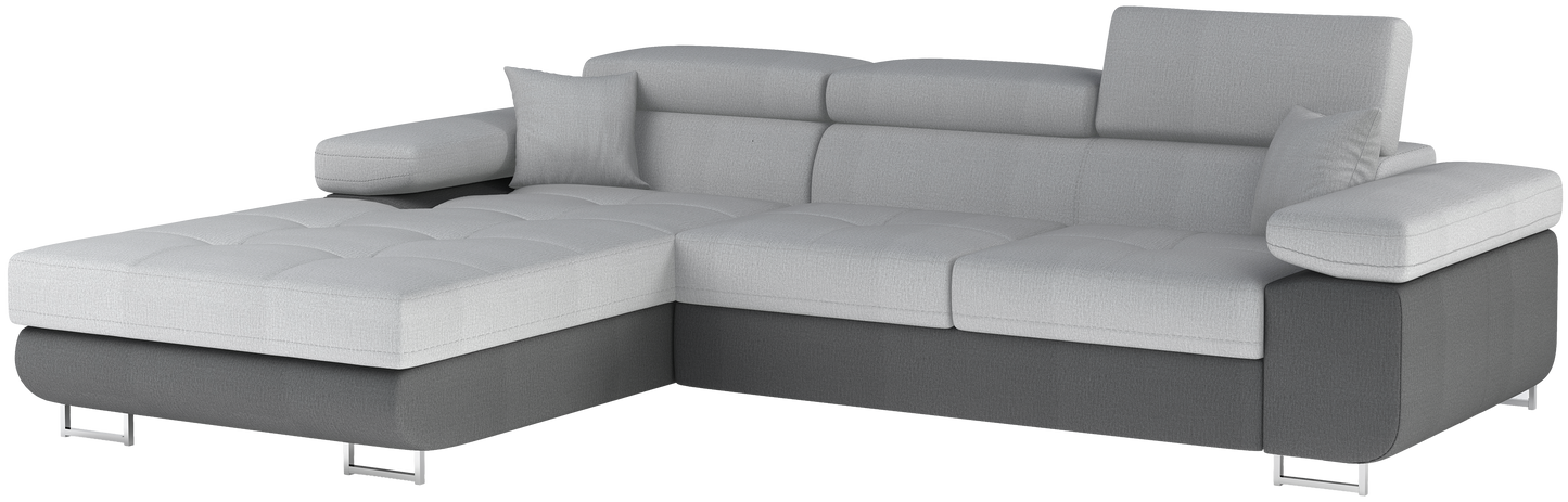 Narożnik Armando lewy w tkaninach Monolith 84 jasnoszary i Monolith 97 ciemnoszary – pełny widok sofy na neutralnym tle.