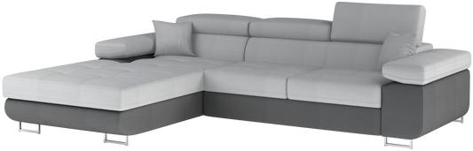 Narożnik Armando lewy w tkaninach Monolith 84 jasnoszary i Monolith 97 ciemnoszary – pełny widok sofy na neutralnym tle.