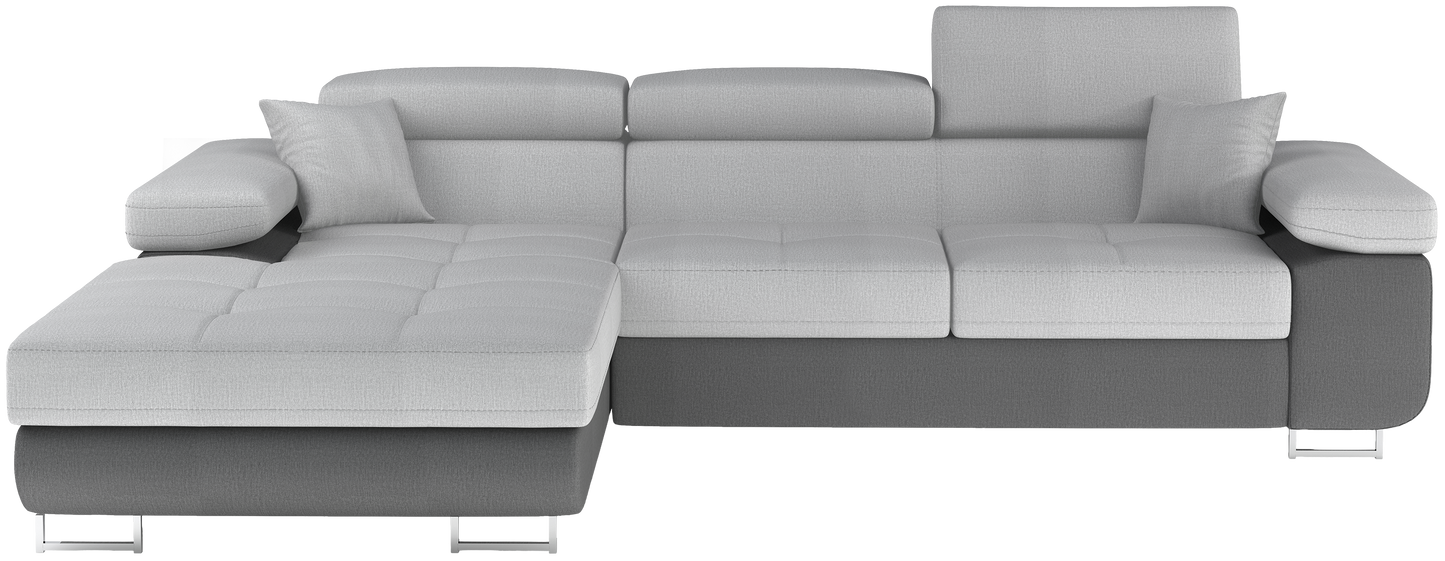 Frontalny widok narożnika Armando w tkaninach Monolith 84 jasnoszary i Monolith 97 ciemnoszary, układ lewy, prezentacja całej bryły mebla.