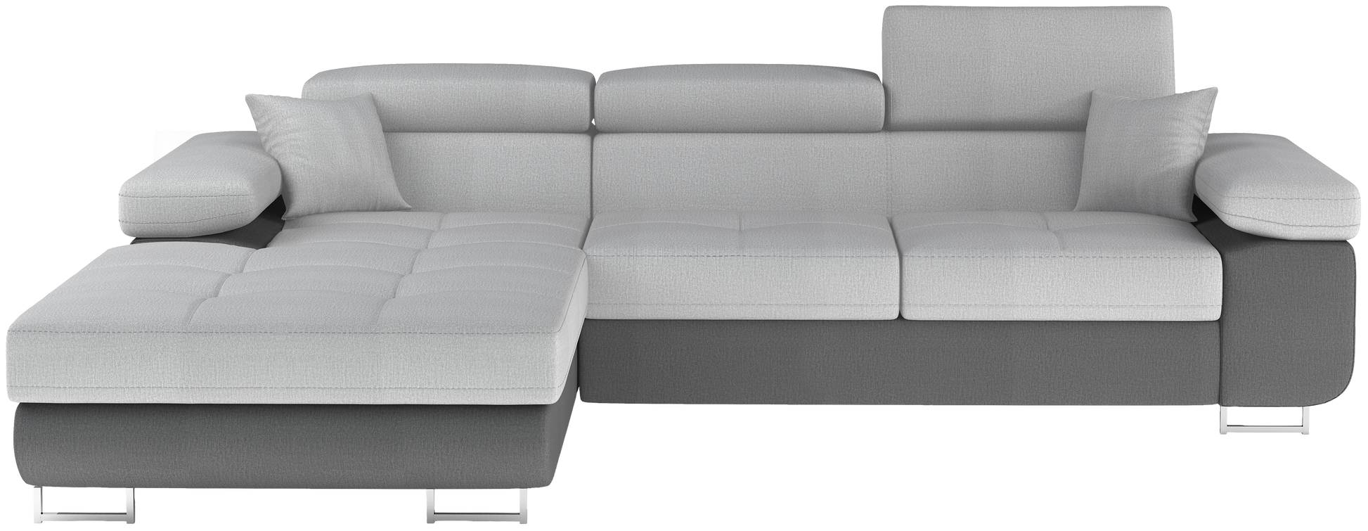 Frontalny widok narożnika Armando w tkaninach Monolith 84 jasnoszary i Monolith 97 ciemnoszary, układ lewy, prezentacja całej bryły mebla.