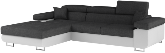 Narożnik Armando lewy w tkaninach Sawana 05 ciemnoszary i Soft 17 biały – pełny widok sofy na neutralnym tle.
