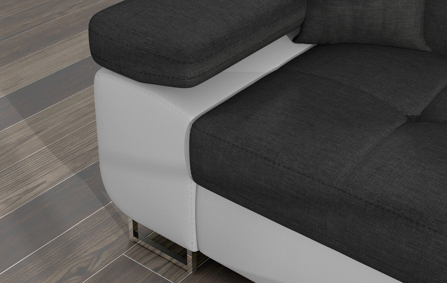 Zbliżenie na podłokietnik narożnika Armando w tkaninie Sawana 05 ciemnoszary z białą podstawą Soft 17.