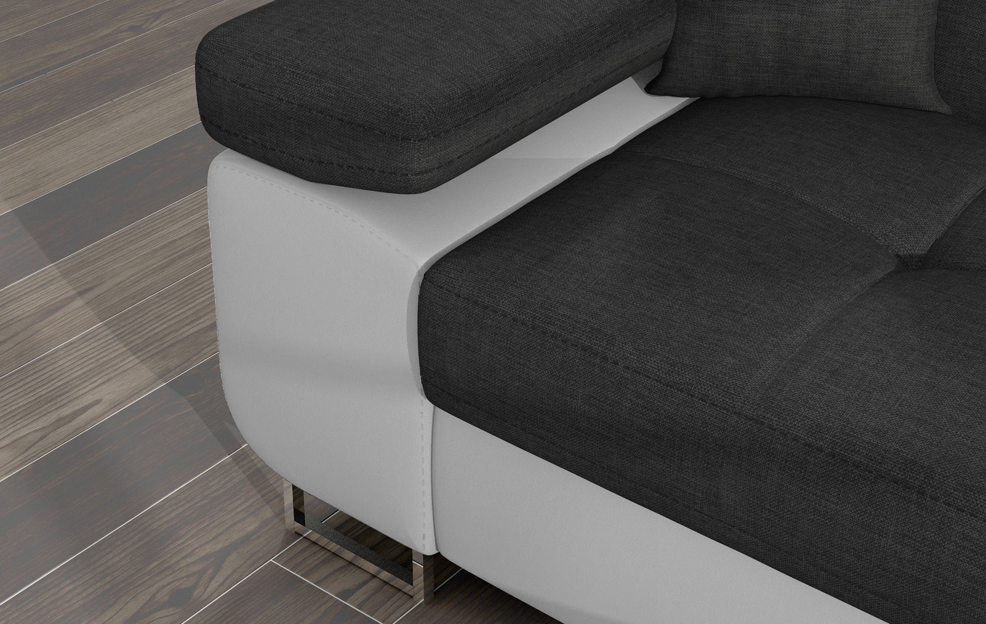 Zbliżenie na podłokietnik narożnika Armando w tkaninie Sawana 05 ciemnoszary z białą podstawą Soft 17.