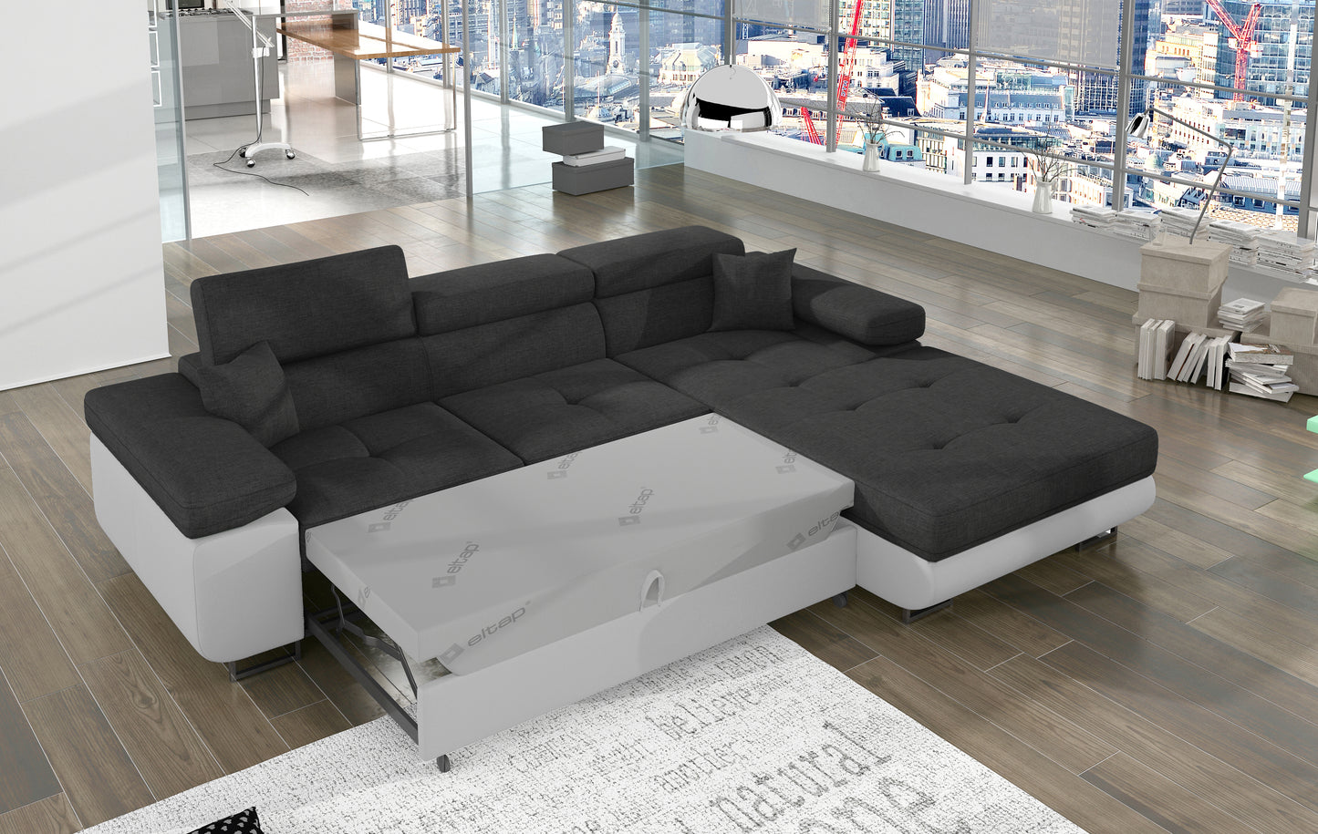 Narożnik Armando prawy rozłożony do funkcji spania, tkanina Sawana 05 ciemnoszary i podstawa Soft 17 biały.