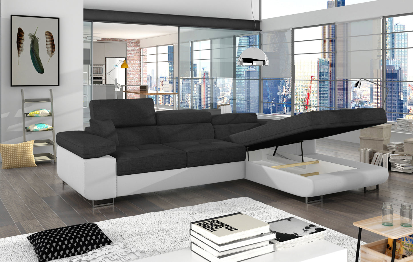 Narożnik Armando Sawana 05 ciemnoszary / Soft 17 biały z otwartym pojemnikiem na pościel, prezentacja w przestronnym wnętrzu.