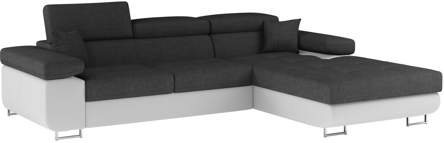 Narożnik Armando w układzie prawym, tkanina Sawana 05 ciemnoszary z białą podstawą Soft 17 – ujęcie produktowe na neutralnym tle, widok całej sofy.