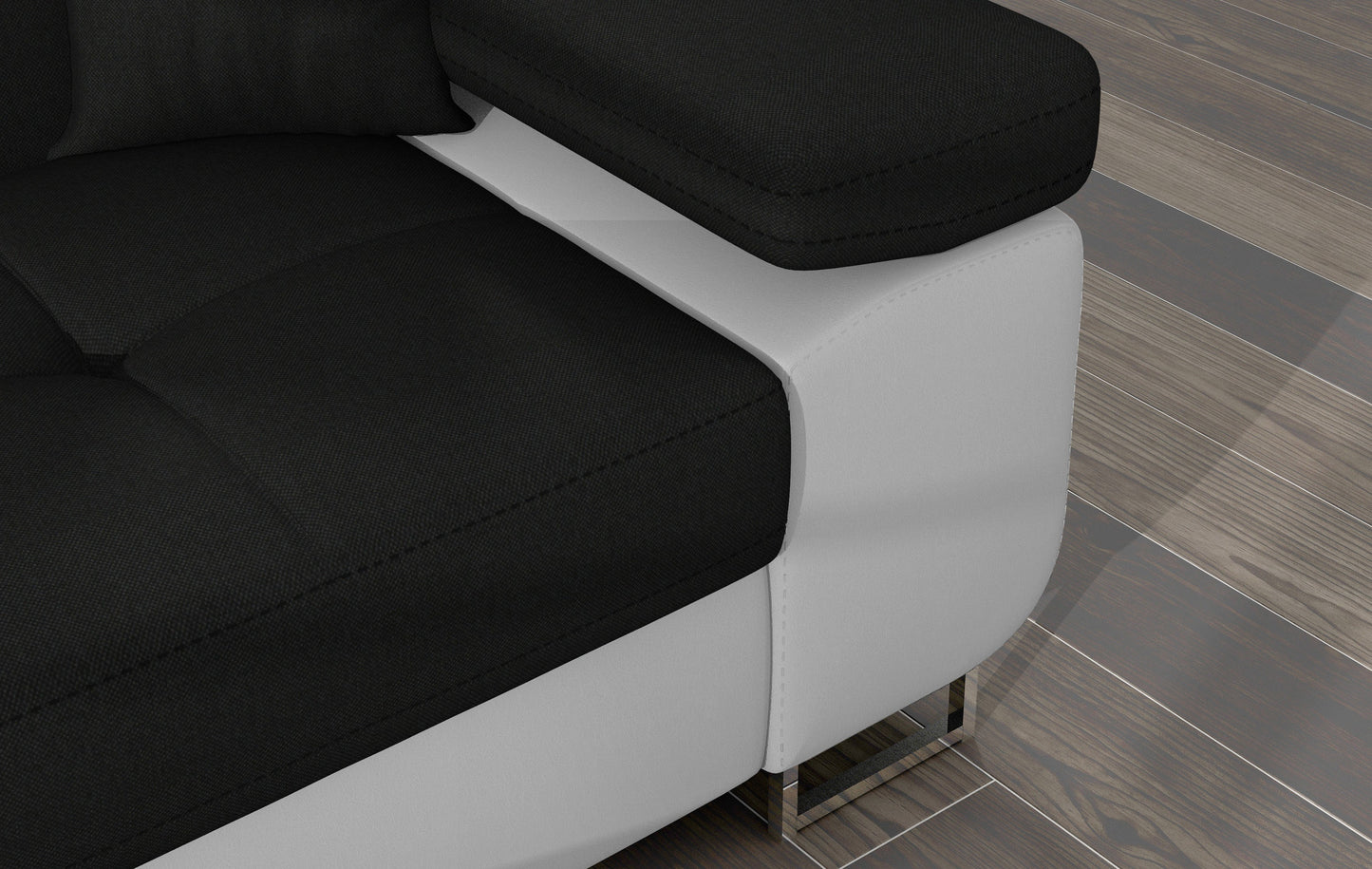 Zbliżenie na podłokietnik narożnika Armando w tkaninach Sawana 14 czarny i Soft 17 biały – prezentacja przeszyć i faktury tapicerki.