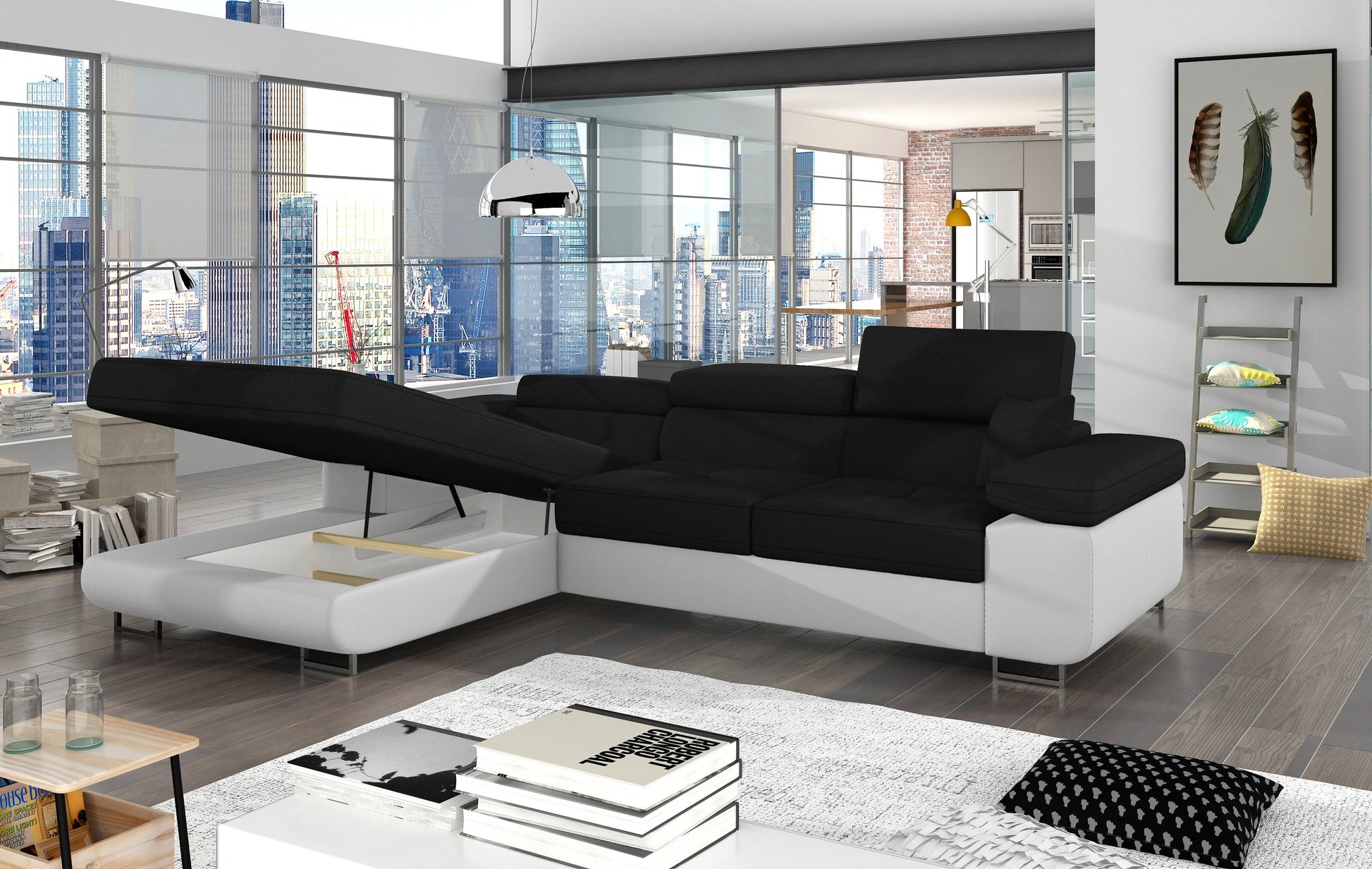 Narożnik Armando w tkaninach Sawana 14 czarny i Soft 17 biały – otwarty pojemnik na pościel, ujęcie boczne pokazujące wnętrze schowka.