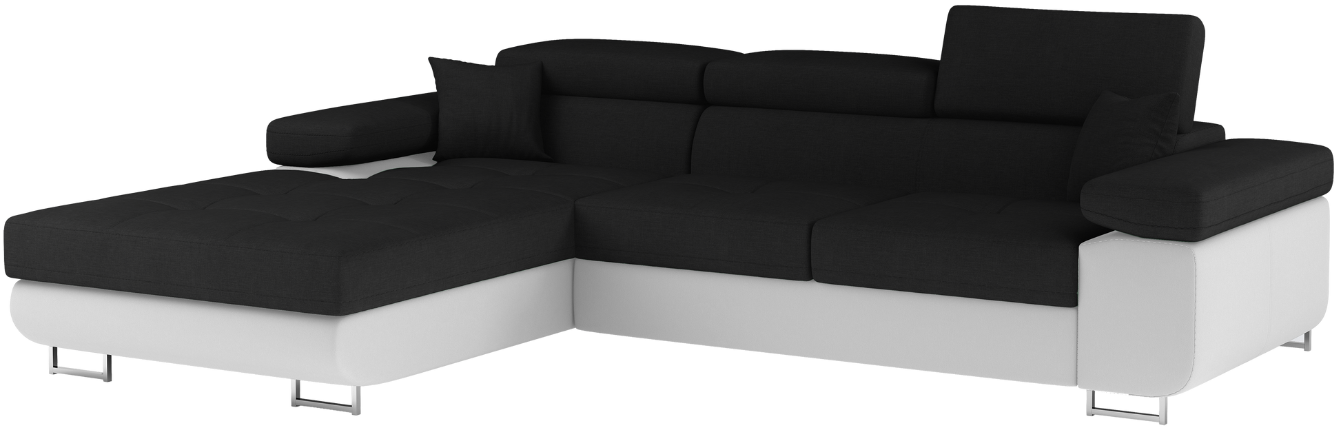 Narożnik Armando lewy w tkaninach Sawana 14 czarny i Soft 17 biały – pełny widok sofy na neutralnym tle.